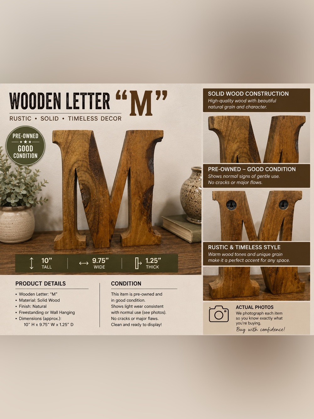 Wooden Decorative Letter "M" - Rustic Brown